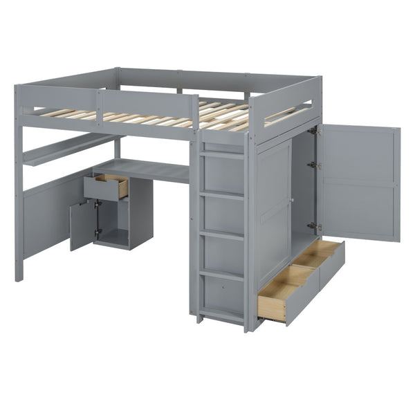 HomeRoots Gray Loft Bed with Integrated Desk, Shelves & Modern Design - Space-Saving Solution for Any Room 590530