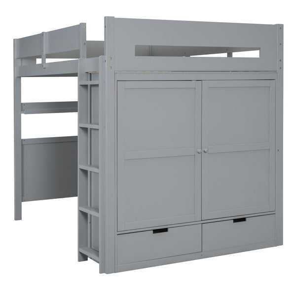 HomeRoots Gray Loft Bed with Integrated Desk, Shelves & Modern Design - Space-Saving Solution for Any Room 590530