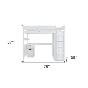HomeRoots White Platform Wood Full Double Loft Bed with Integrated Desk & Shelving for Space-Saving Style 590531