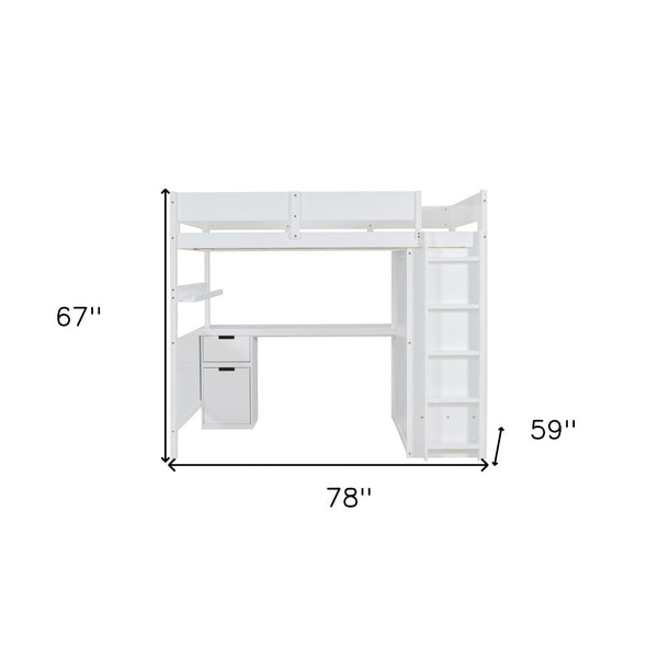HomeRoots White Platform Wood Full Double Loft Bed with Integrated Desk & Shelving for Space-Saving Style 590531