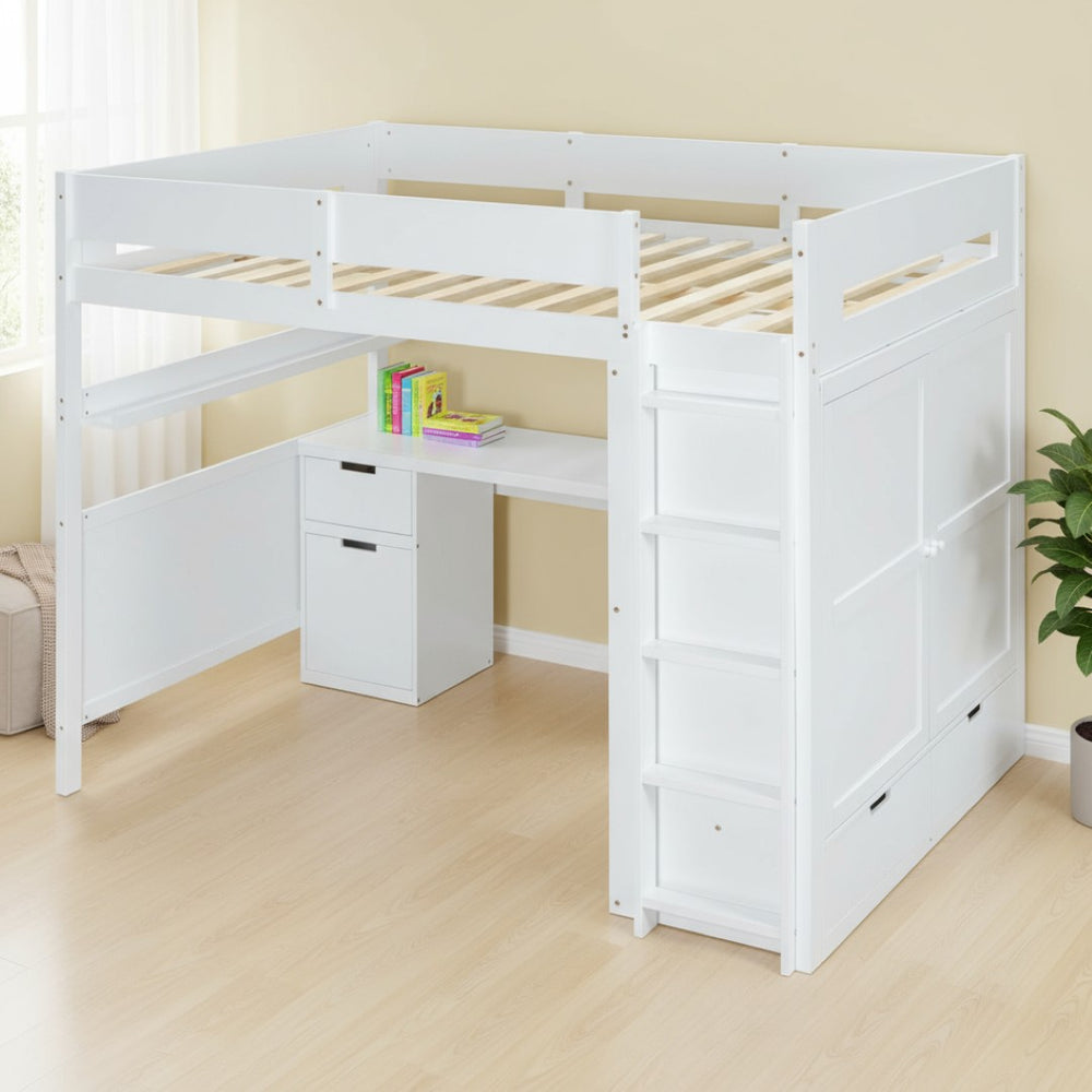 HomeRoots White Platform Wood Full Double Loft Bed with Integrated Desk & Shelving for Space-Saving Style 590531