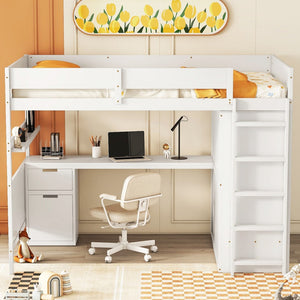 HomeRoots White Platform Wood Full Double Loft Bed with Integrated Desk & Shelving for Space-Saving Style 590531