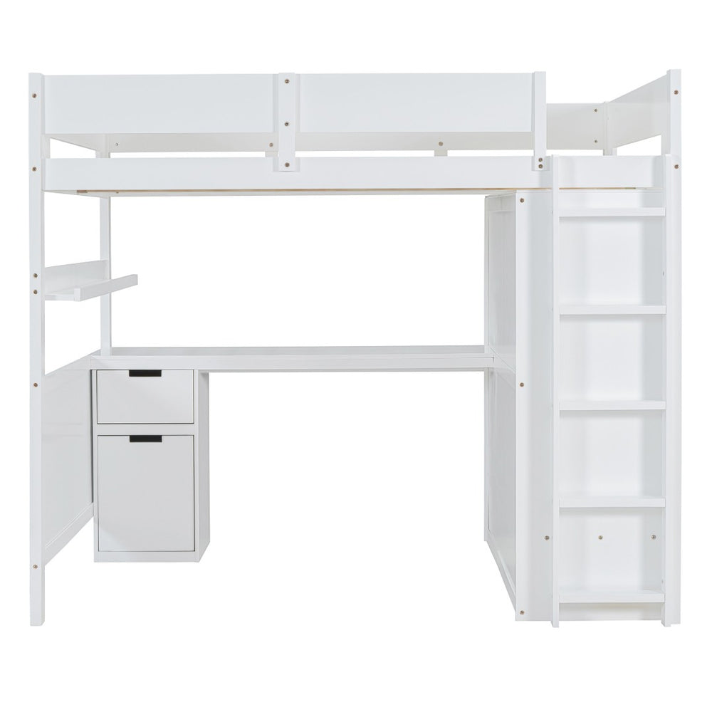 HomeRoots White Platform Wood Full Double Loft Bed with Integrated Desk & Shelving for Space-Saving Style 590531