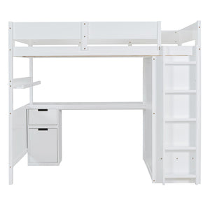 HomeRoots White Platform Wood Full Double Loft Bed with Integrated Desk & Shelving for Space-Saving Style 590531