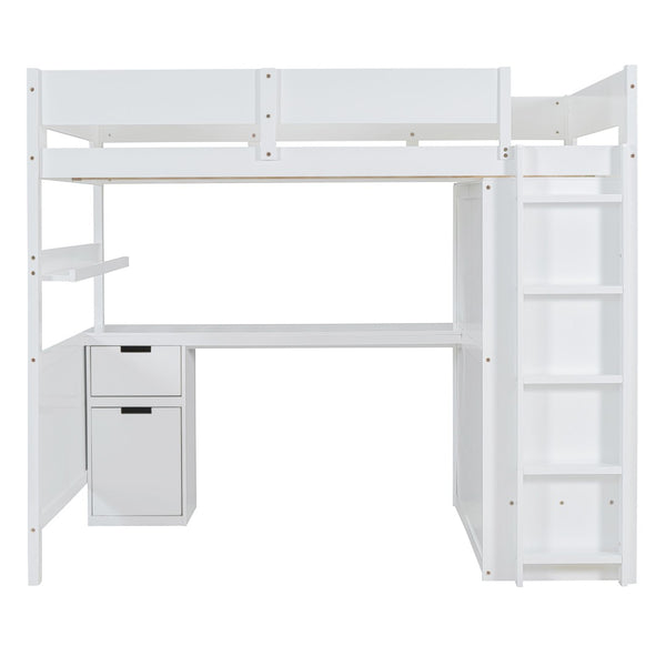 HomeRoots White Platform Wood Full Double Loft Bed with Integrated Desk & Shelving for Space-Saving Style 590531
