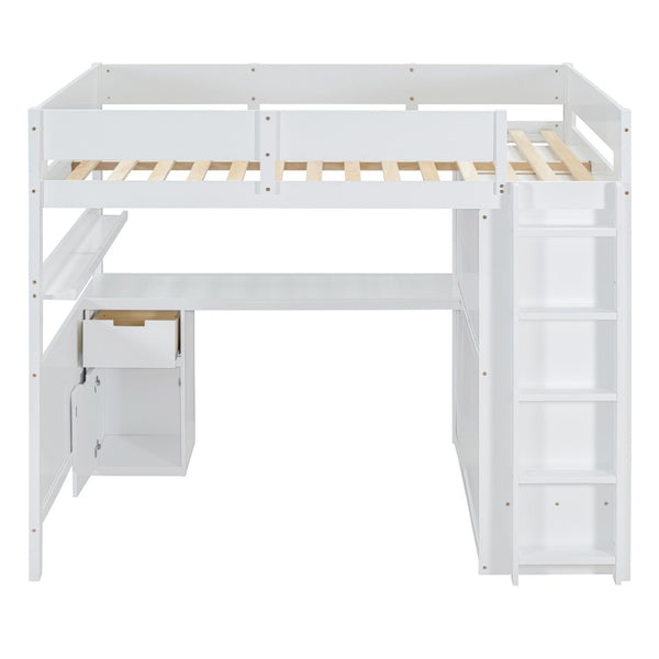 HomeRoots White Platform Wood Full Double Loft Bed with Integrated Desk & Shelving for Space-Saving Style 590531