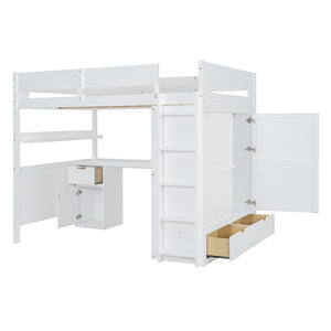 HomeRoots White Platform Wood Full Double Loft Bed with Integrated Desk & Shelving for Space-Saving Style 590531