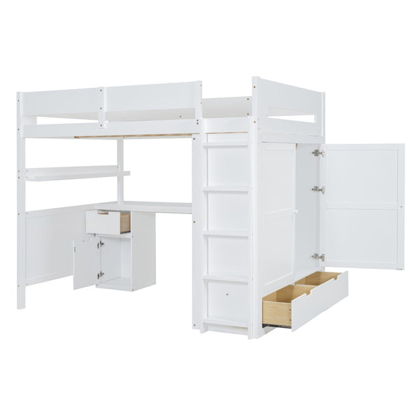 HomeRoots White Platform Wood Full Double Loft Bed with Integrated Desk & Shelving for Space-Saving Style 590531
