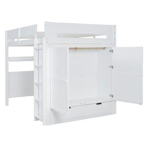 HomeRoots White Platform Wood Full Double Loft Bed with Integrated Desk & Shelving for Space-Saving Style 590531