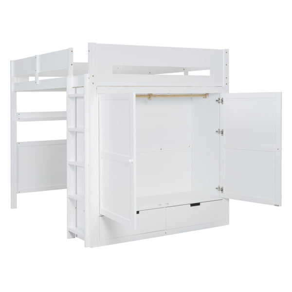 HomeRoots White Platform Wood Full Double Loft Bed with Integrated Desk & Shelving for Space-Saving Style 590531