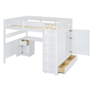 HomeRoots White Platform Wood Full Double Loft Bed with Integrated Desk & Shelving for Space-Saving Style 590531