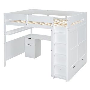 HomeRoots White Platform Wood Full Double Loft Bed with Integrated Desk & Shelving for Space-Saving Style 590531