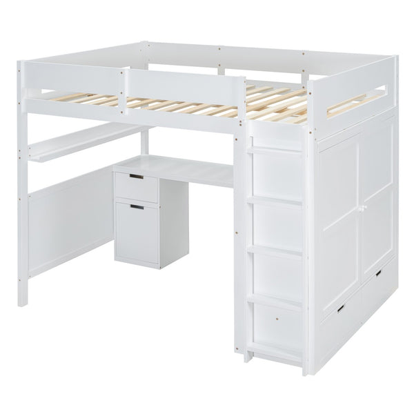 HomeRoots White Platform Wood Full Double Loft Bed with Integrated Desk & Shelving for Space-Saving Style 590531
