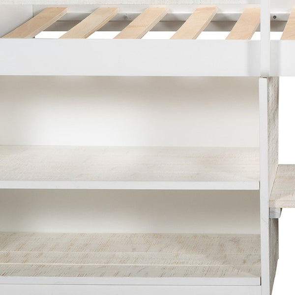 HomeRoots Antiqued White Twin Loft Bed with Integrated Desk, Drawers & Space-Saving Design for Small Rooms 590532