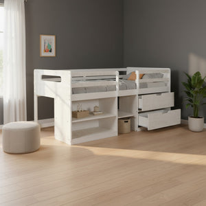 HomeRoots Antiqued White Twin Loft Bed with Integrated Desk, Drawers & Space-Saving Design for Small Rooms 590532