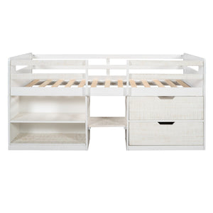 HomeRoots Antiqued White Twin Loft Bed with Integrated Desk, Drawers & Space-Saving Design for Small Rooms 590532
