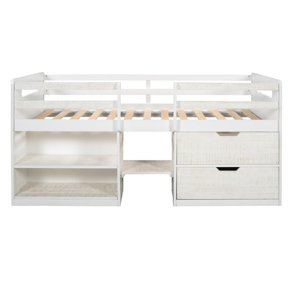 HomeRoots Antiqued White Twin Loft Bed with Integrated Desk, Drawers & Space-Saving Design for Small Rooms 590532