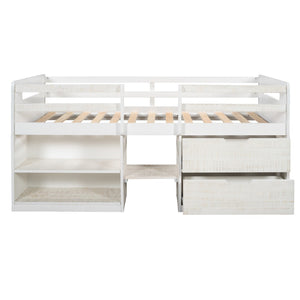 HomeRoots Antiqued White Twin Loft Bed with Integrated Desk, Drawers & Space-Saving Design for Small Rooms 590532