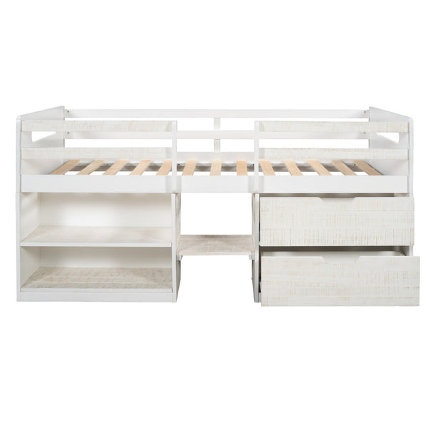 HomeRoots Antiqued White Twin Loft Bed with Integrated Desk, Drawers & Space-Saving Design for Small Rooms 590532