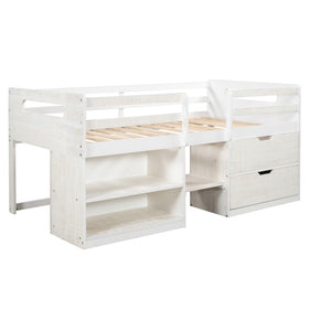 HomeRoots Antiqued White Twin Loft Bed with Integrated Desk, Drawers & Space-Saving Design for Small Rooms 590532
