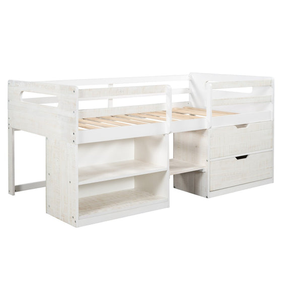 HomeRoots Antiqued White Twin Loft Bed with Integrated Desk, Drawers & Space-Saving Design for Small Rooms 590532