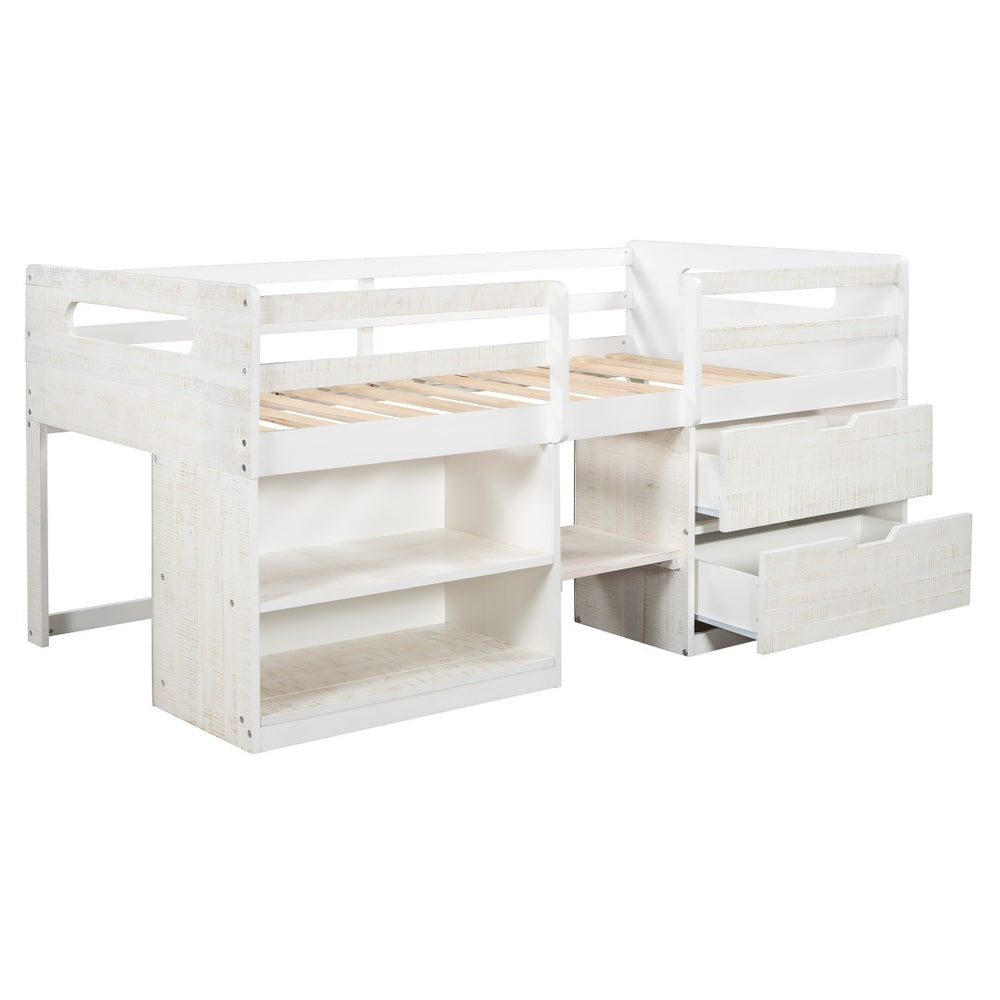 HomeRoots Antiqued White Twin Loft Bed with Integrated Desk, Drawers & Space-Saving Design for Small Rooms 590532