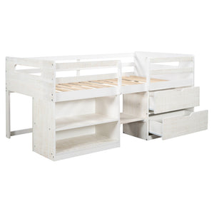 HomeRoots Antiqued White Twin Loft Bed with Integrated Desk, Drawers & Space-Saving Design for Small Rooms 590532