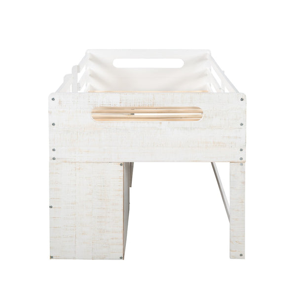 HomeRoots Antiqued White Twin Loft Bed with Integrated Desk, Drawers & Space-Saving Design for Small Rooms 590532
