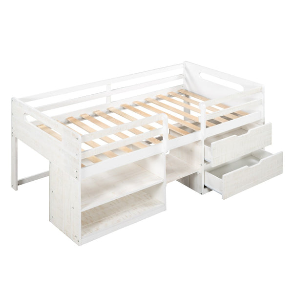 HomeRoots Antiqued White Twin Loft Bed with Integrated Desk, Drawers & Space-Saving Design for Small Rooms 590532
