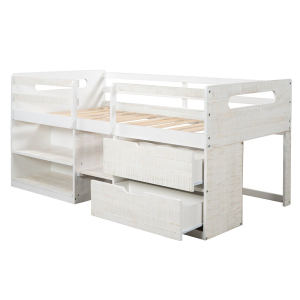 HomeRoots Antiqued White Twin Loft Bed with Integrated Desk, Drawers & Space-Saving Design for Small Rooms 590532