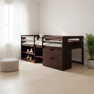 HomeRoots Espresso Twin Loft Bed with Desk, Shelves & Drawers - Space-Saving Solution for Modern Bedrooms 590533