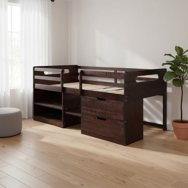 HomeRoots Espresso Twin Loft Bed with Desk, Shelves & Drawers - Space-Saving Solution for Modern Bedrooms 590533