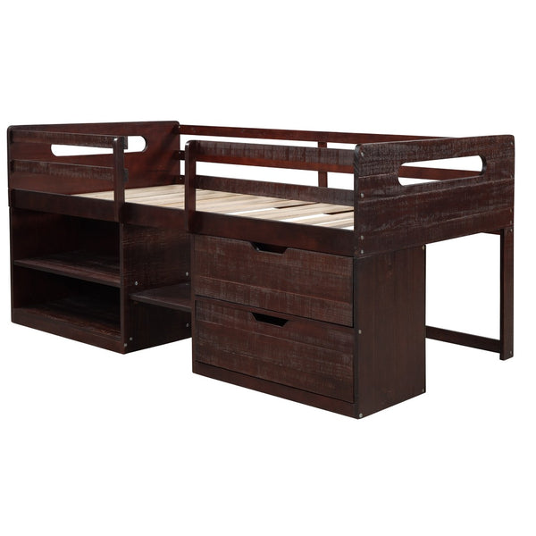 HomeRoots Espresso Twin Loft Bed with Desk, Shelves & Drawers - Space-Saving Solution for Modern Bedrooms 590533