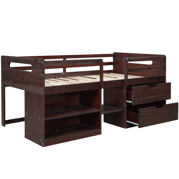 HomeRoots Espresso Twin Loft Bed with Desk, Shelves & Drawers - Space-Saving Solution for Modern Bedrooms 590533