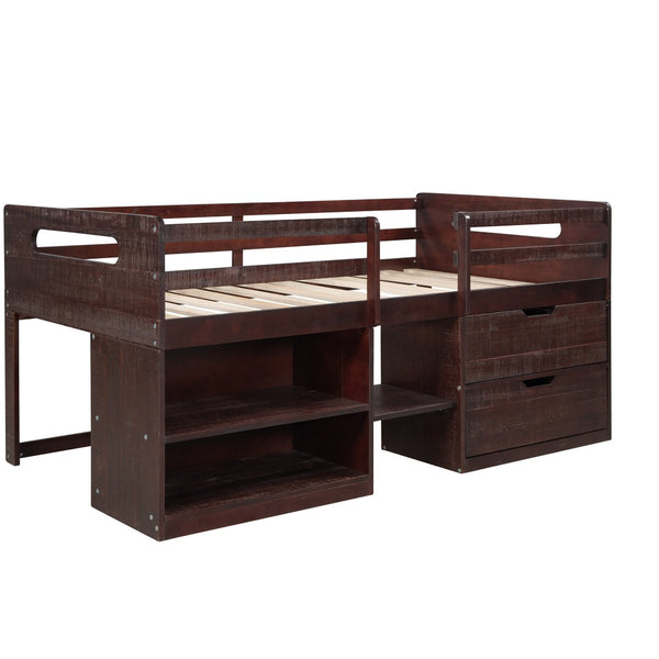 HomeRoots Espresso Twin Loft Bed with Desk, Shelves & Drawers - Space-Saving Solution for Modern Bedrooms 590533