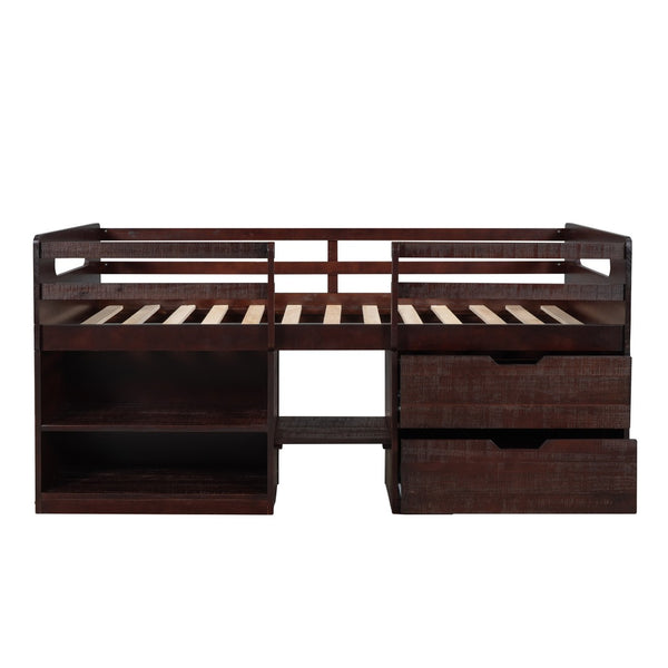 HomeRoots Espresso Twin Loft Bed with Desk, Shelves & Drawers - Space-Saving Solution for Modern Bedrooms 590533