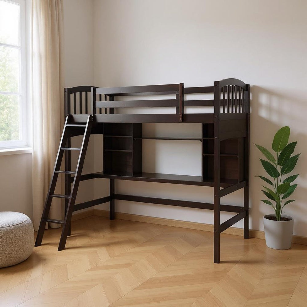 HomeRoots Espresso Twin Loft Bed with Integrated Desk & Storage Drawer - Stylish Space-Saving Solution! 590534