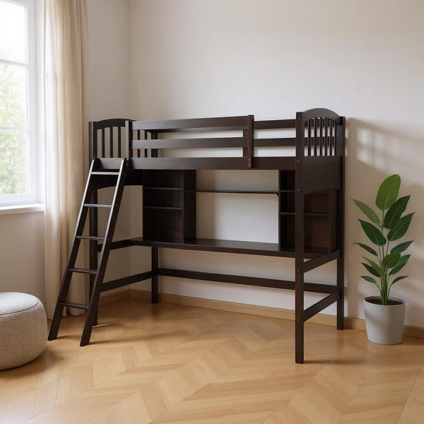 HomeRoots Espresso Twin Loft Bed with Integrated Desk & Storage Drawer - Stylish Space-Saving Solution! 590534