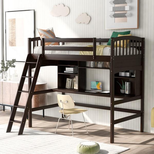 HomeRoots Espresso Twin Loft Bed with Integrated Desk & Storage Drawer - Stylish Space-Saving Solution! 590534