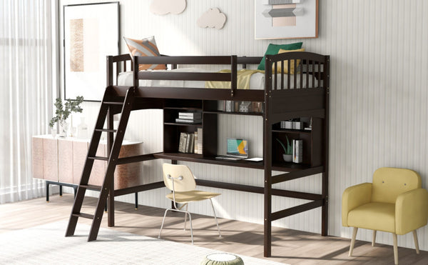 HomeRoots Espresso Twin Loft Bed with Integrated Desk & Storage Drawer - Stylish Space-Saving Solution! 590534