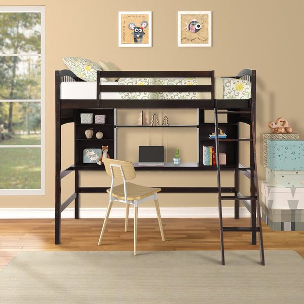 HomeRoots Espresso Twin Loft Bed with Integrated Desk & Storage Drawer - Stylish Space-Saving Solution! 590534