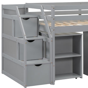 HomeRoots Gray Twin Loft Bed with Desk, Drawers & Shelving – Space-Saving Design for Stylish Bedrooms! 590535