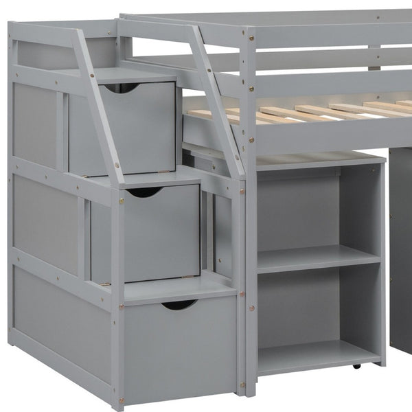 HomeRoots Gray Twin Loft Bed with Desk, Drawers & Shelving – Space-Saving Design for Stylish Bedrooms! 590535