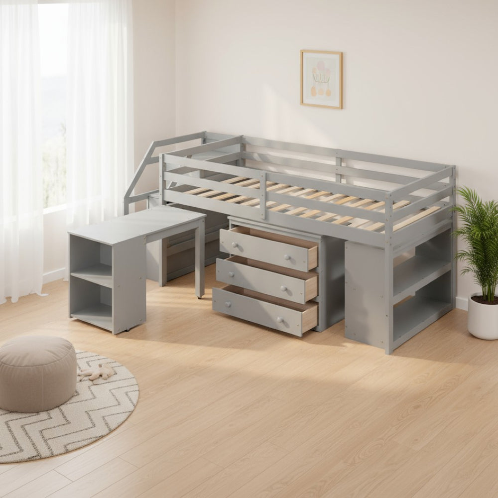 HomeRoots Gray Twin Loft Bed with Desk, Drawers & Shelving – Space-Saving Design for Stylish Bedrooms! 590535