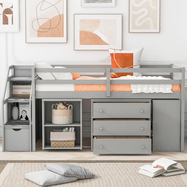 HomeRoots Gray Twin Loft Bed with Desk, Drawers & Shelving – Space-Saving Design for Stylish Bedrooms! 590535