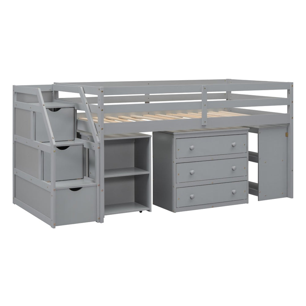 HomeRoots Gray Twin Loft Bed with Desk, Drawers & Shelving – Space-Saving Design for Stylish Bedrooms! 590535