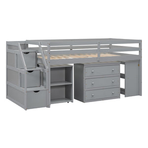 HomeRoots Gray Twin Loft Bed with Desk, Drawers & Shelving – Space-Saving Design for Stylish Bedrooms! 590535