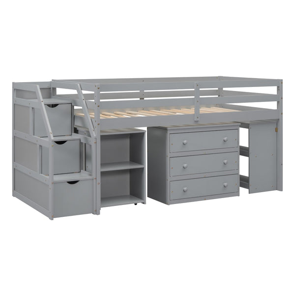 HomeRoots Gray Twin Loft Bed with Desk, Drawers & Shelving – Space-Saving Design for Stylish Bedrooms! 590535