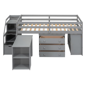 HomeRoots Gray Twin Loft Bed with Desk, Drawers & Shelving – Space-Saving Design for Stylish Bedrooms! 590535