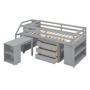 HomeRoots Gray Twin Loft Bed with Desk, Drawers & Shelving – Space-Saving Design for Stylish Bedrooms! 590535